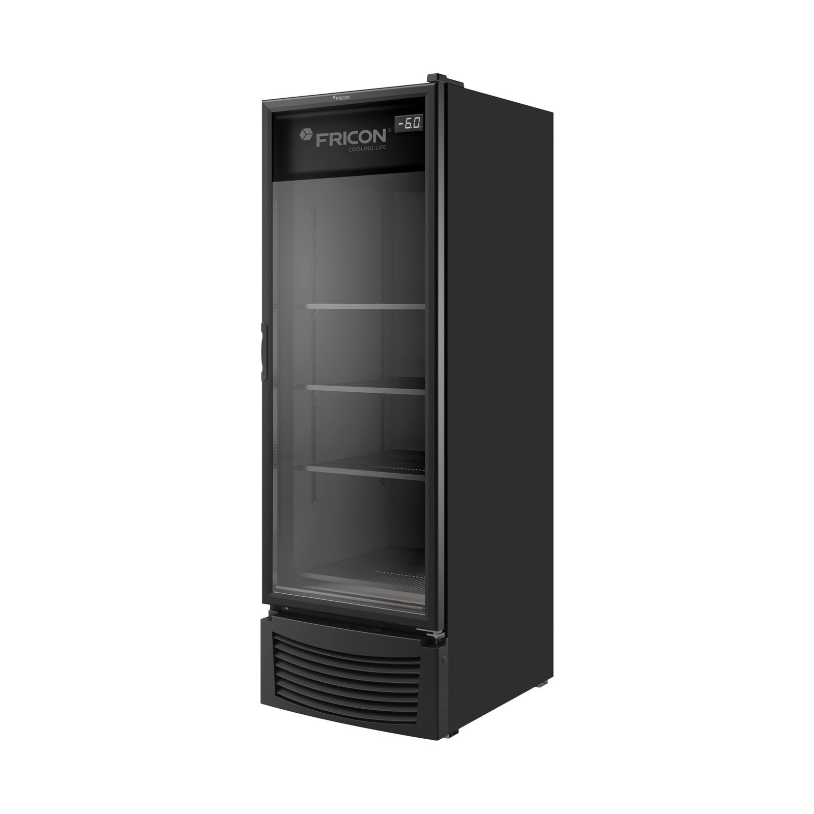 Cervejeira Fricon VCFC 569 Total Black em três quartos, porta de vidro e painel de temperatura — foto do fabricante